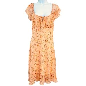 La Belle Vtg Y2K Peach Floral Flutter Sleeve Midi Dress Size L Babydoll Fairy